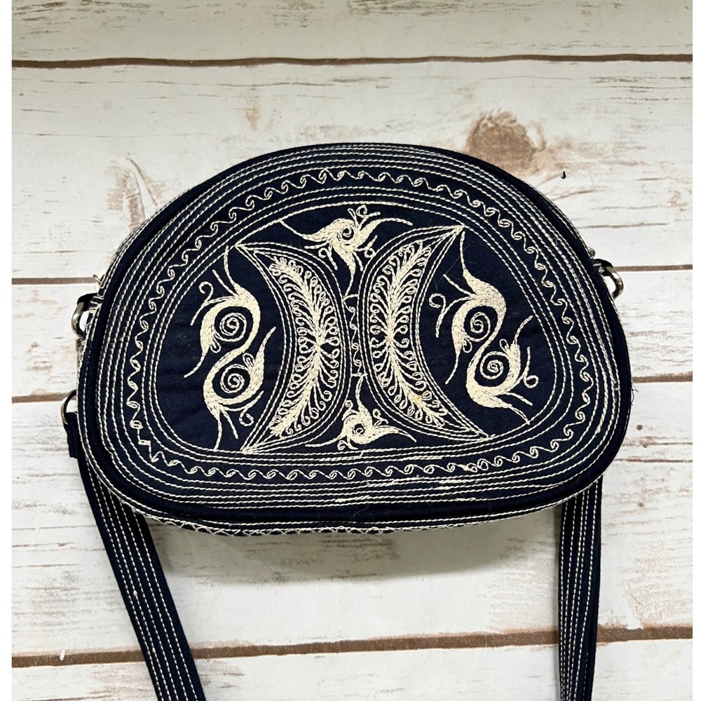 Handcrafted Uzbek Messanger Navy Embroidered Crossbody Canvas Bag